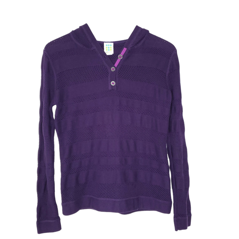Title Nine Mobetta Hooded Pullover Sweater S Purple Open Knit Panels